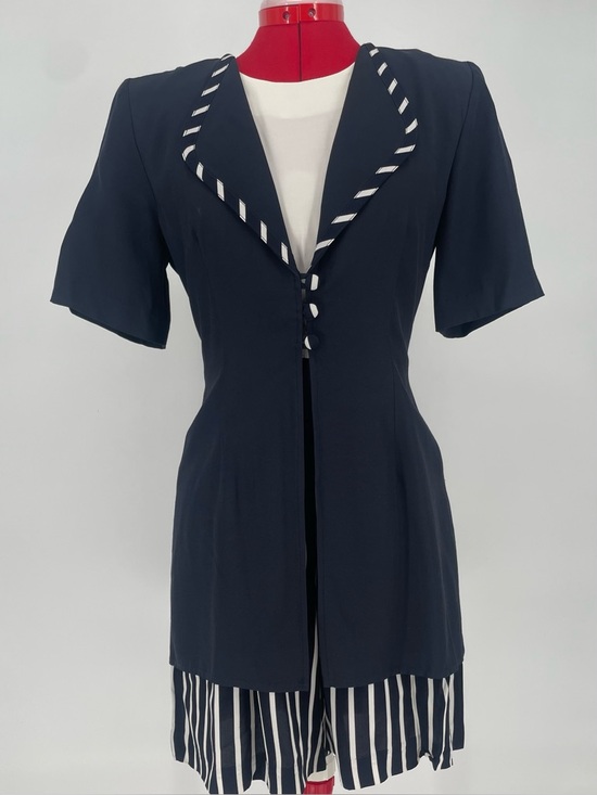 Vintage Pants - 1980s Navy & White Nautical Striped Shorts Romper J.S.J. Petites Back Waist Tie